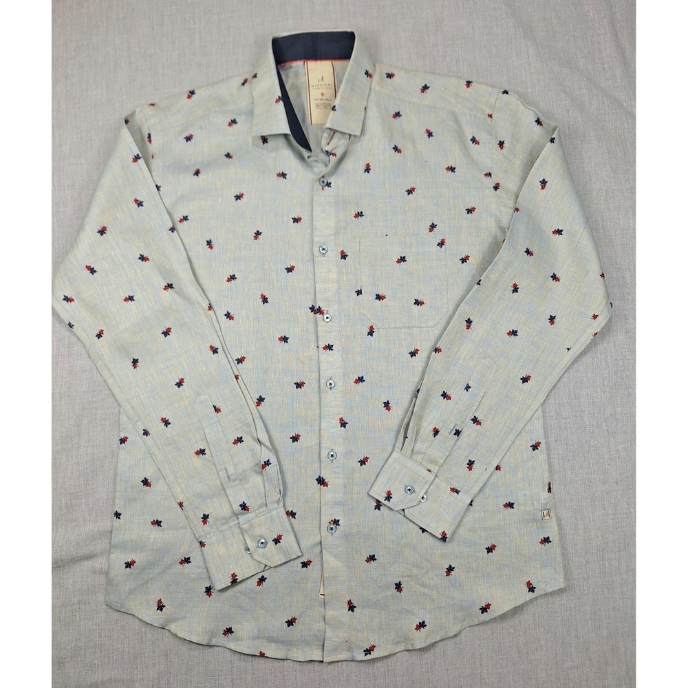 Nizhoni Mens Slim Fit 100% Linen Maple Leaf Print Long Sleeve Shirt Blue Size 42